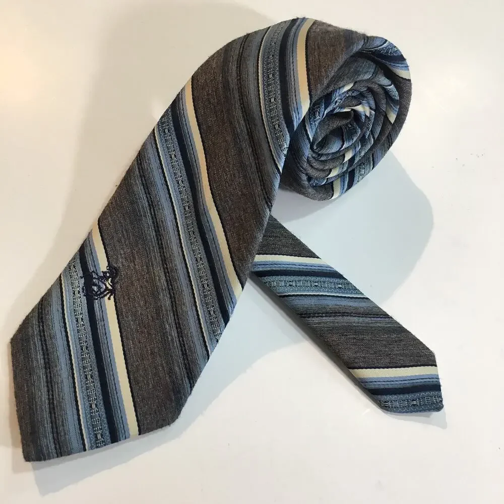 Via Re Mens Tie Blue Gray Brown White Striped Textured Necktie Embroidered Logo